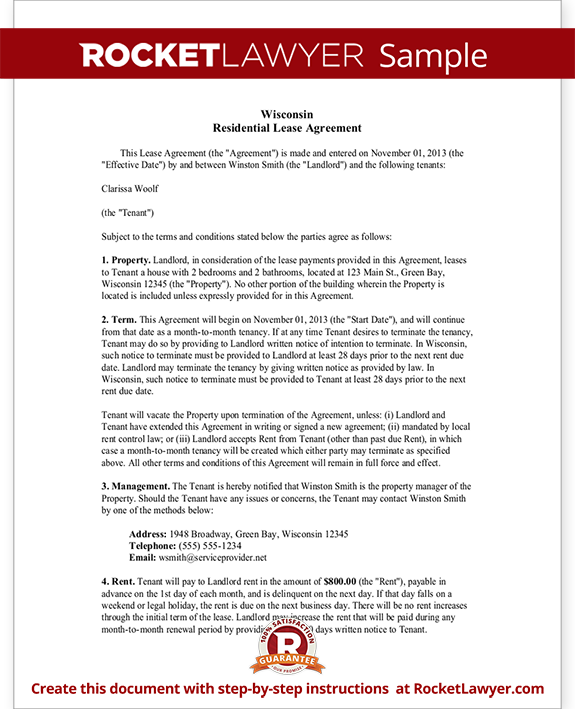 Wisconsin Lease Agreement WI Rental Contract Form With Sample 