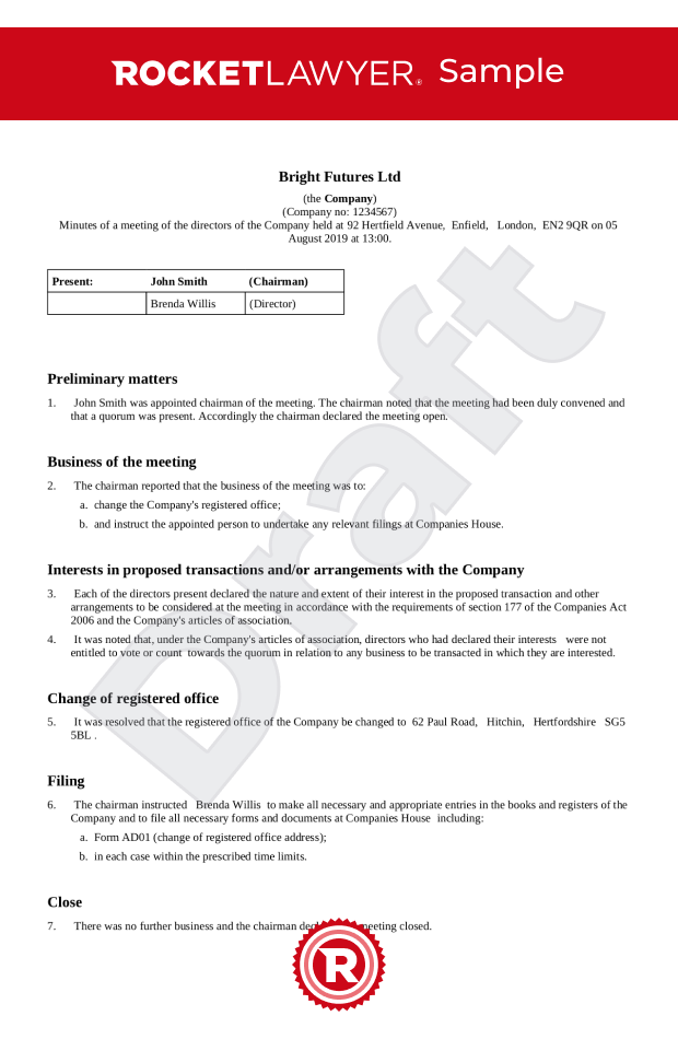 Free Board Minutes Template & FAQs Rocket Lawyer UK