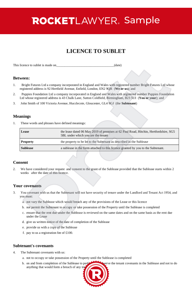 Licence To Sublet UK Template Make Your Free Sublet Agreement