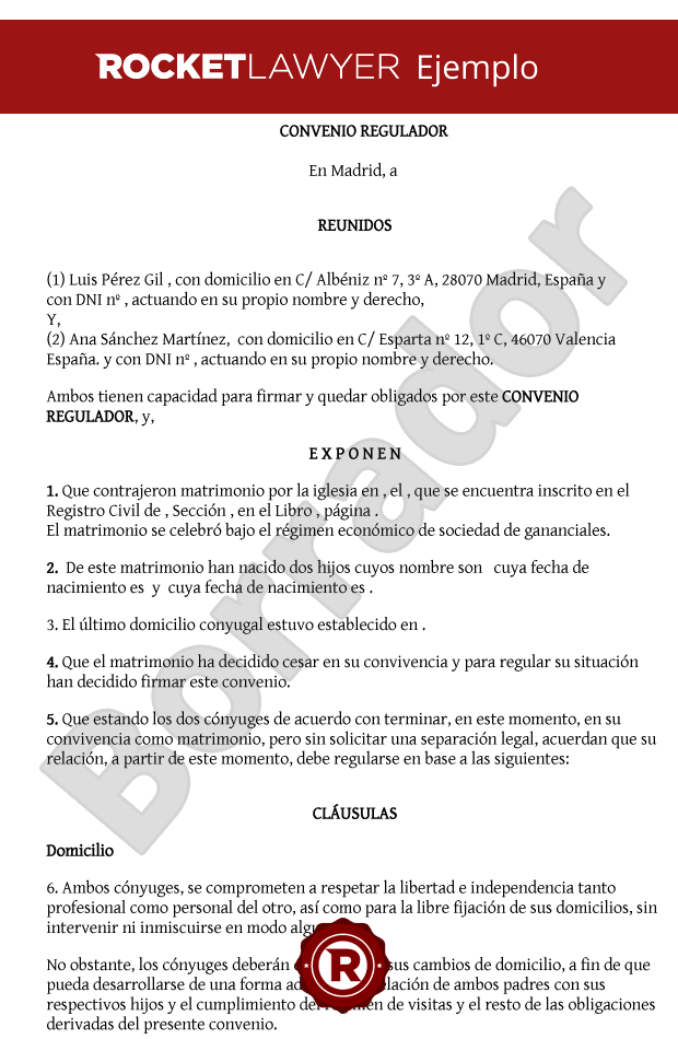 Modelo De Convenio Regulador - Separación Matrimonial Y Divorcio