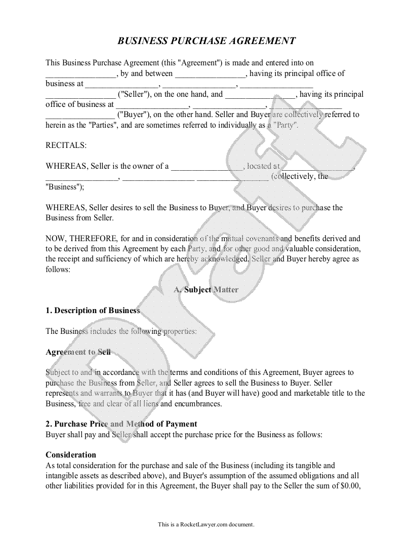 Free Business Purchase Agreement Template Rocket Lawyer