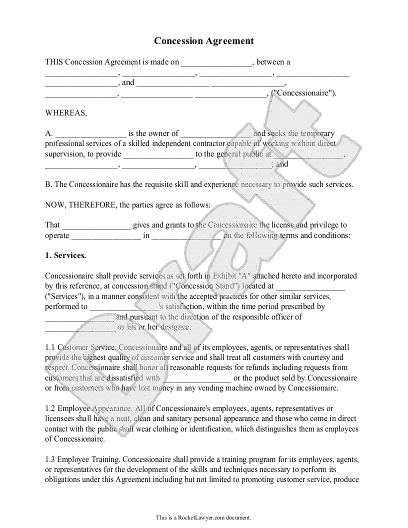 Free Concession Agreement  Free to Print, Save & Download