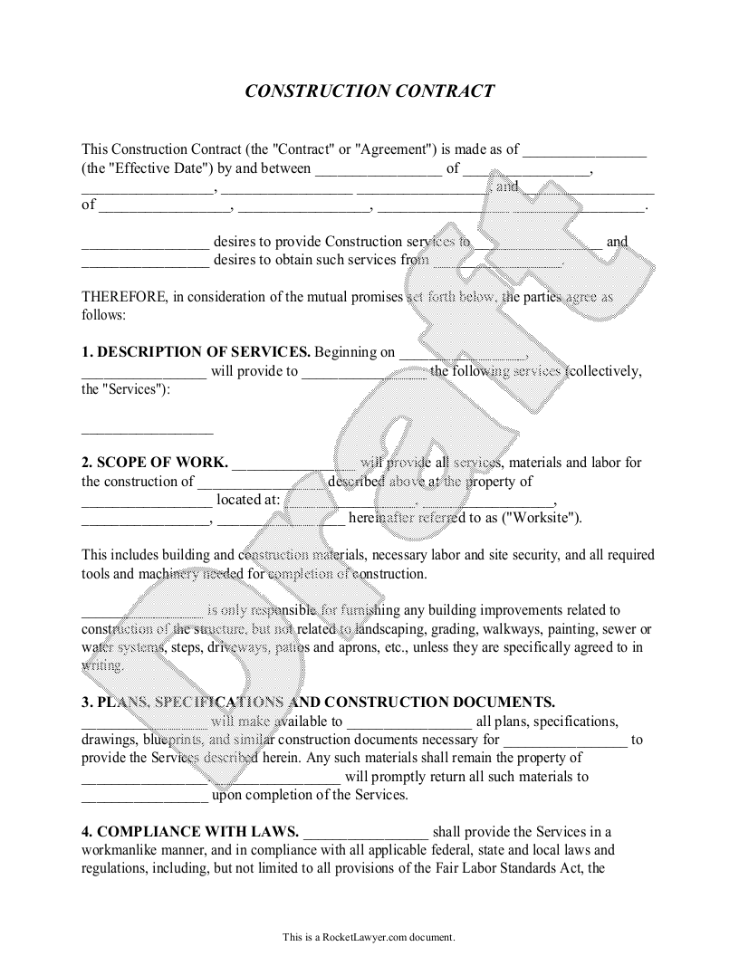 Free Construction Contract Free To Print Save Download