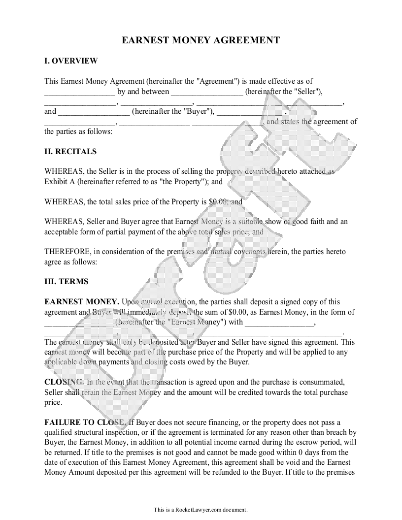 Free Earnest Money Agreement Template FAQs Rocket Lawyer