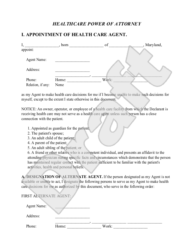 Printable Power Of Attorney Form Maryland