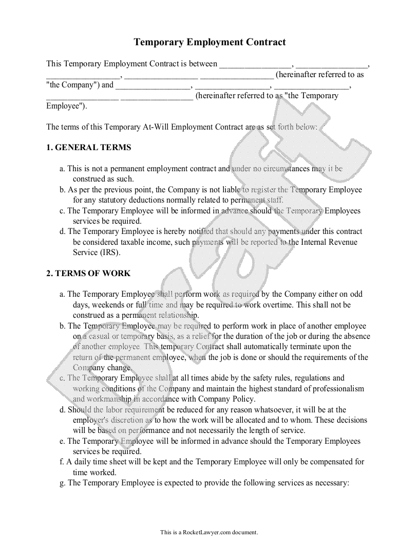 Free Temporary Employment Contract Template Rocket Lawyer