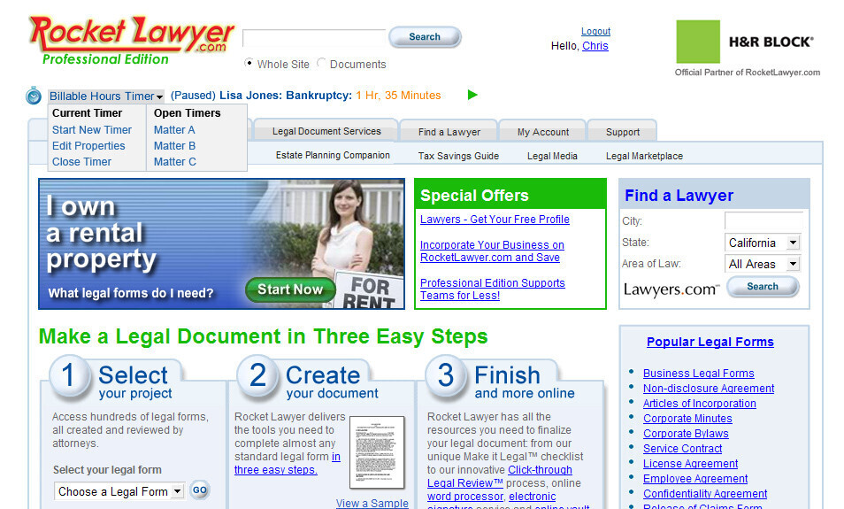 Rocket Lawyer homepage in 2012