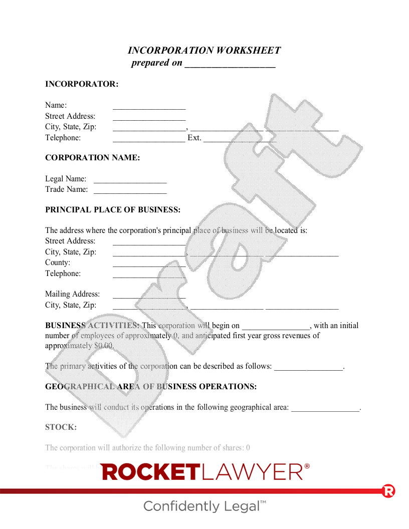 Free Articles of Incorporation Worksheet Free to Print Save Download