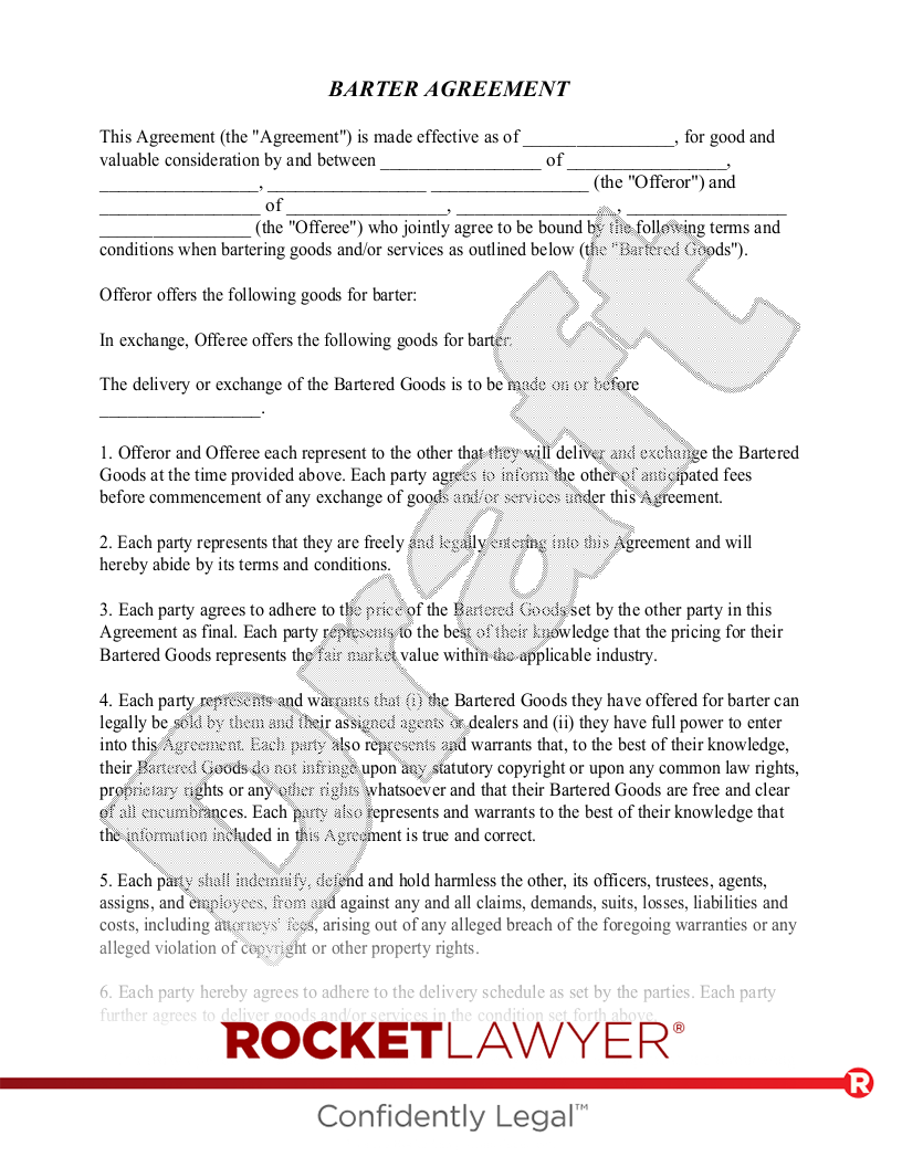 Free Barter Agreement Make Sign Download Rocket Lawyer