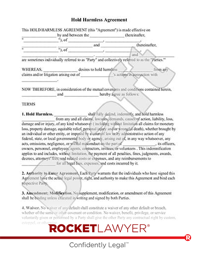 Free Hold Harmless Agreement: Make Sign Download Rocket Lawyer