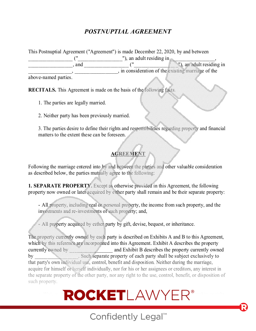 Free Postnuptial Agreement Free to Print, Save & Download