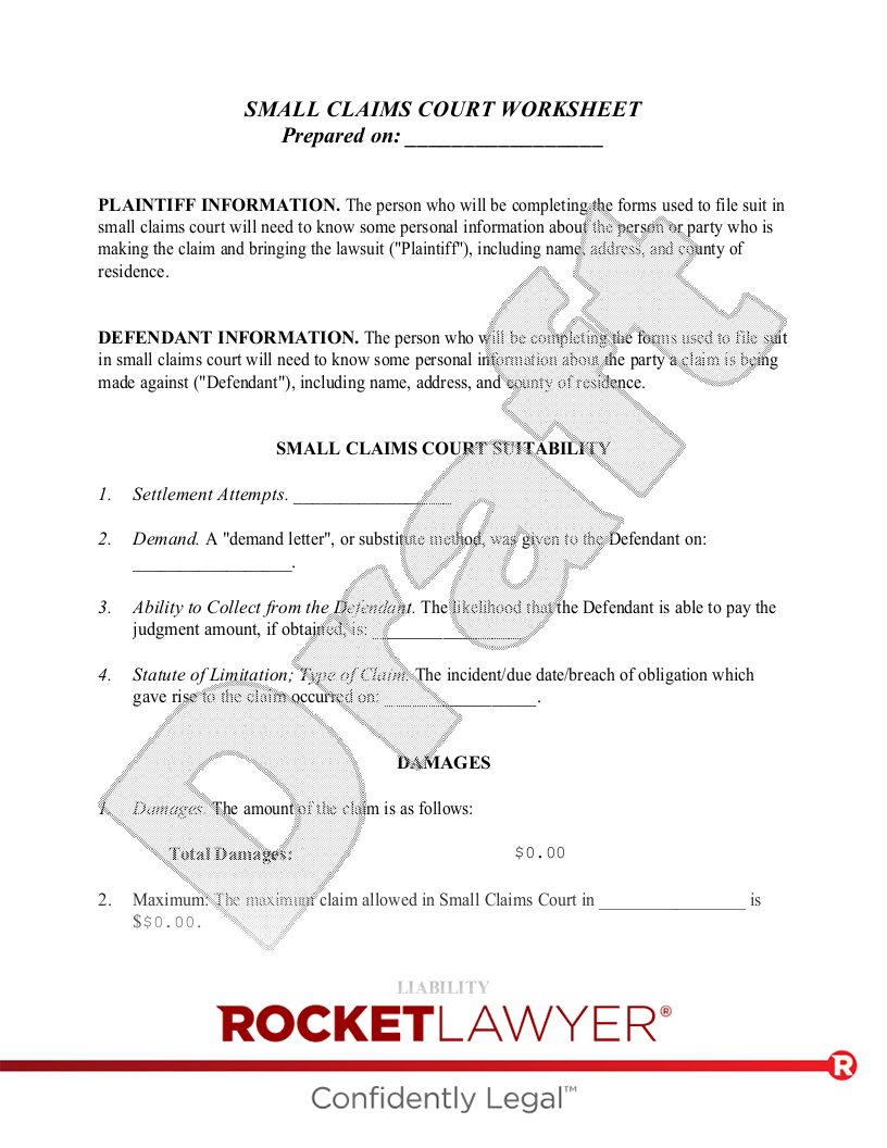 Small Claims Worksheet document preview