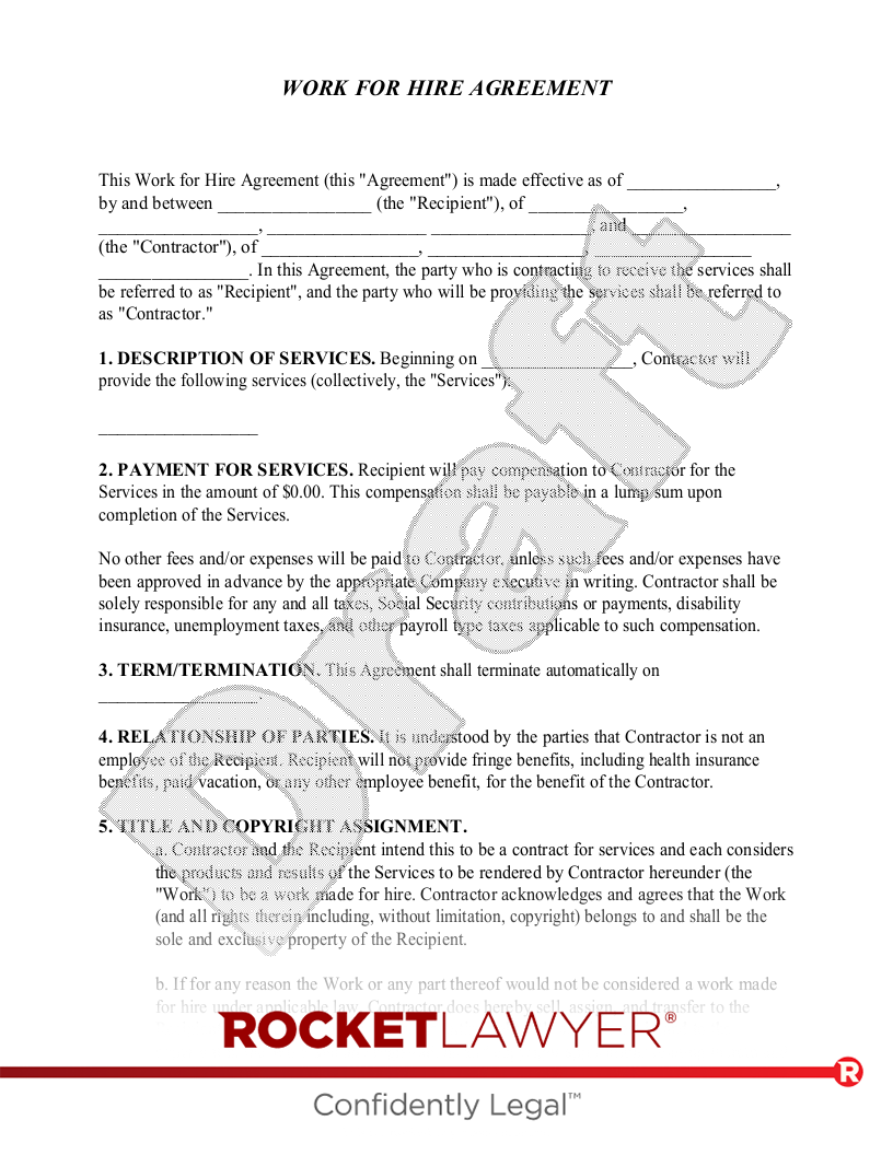 Free Work For Hire Agreement Make Sign Rocket Lawyer