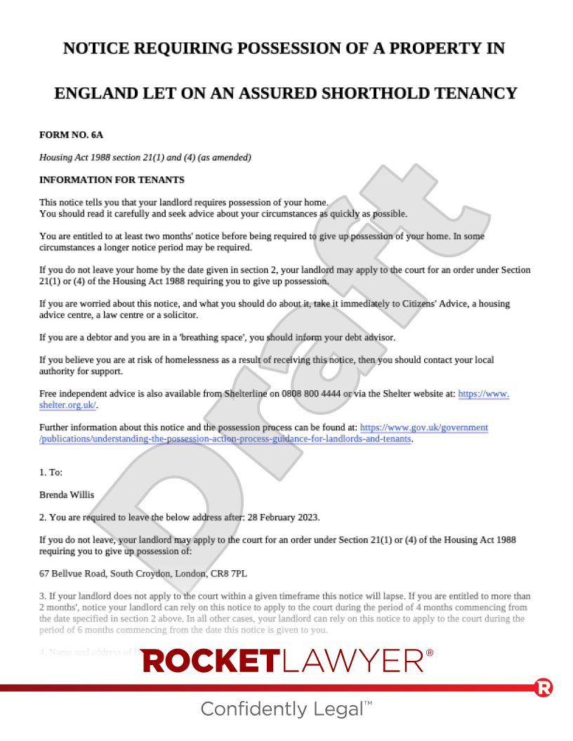 Section 21 Notice Template & FAQs Rocket Lawyer UK
