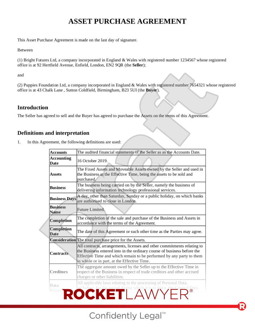 Asset Purchase Agreement Template FAQs Rocket Lawyer UK