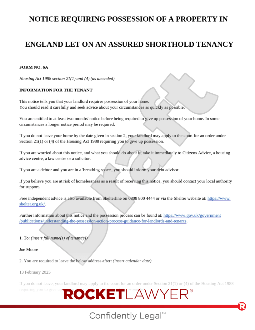 Section 21 (Form 6A) Notice for England document preview