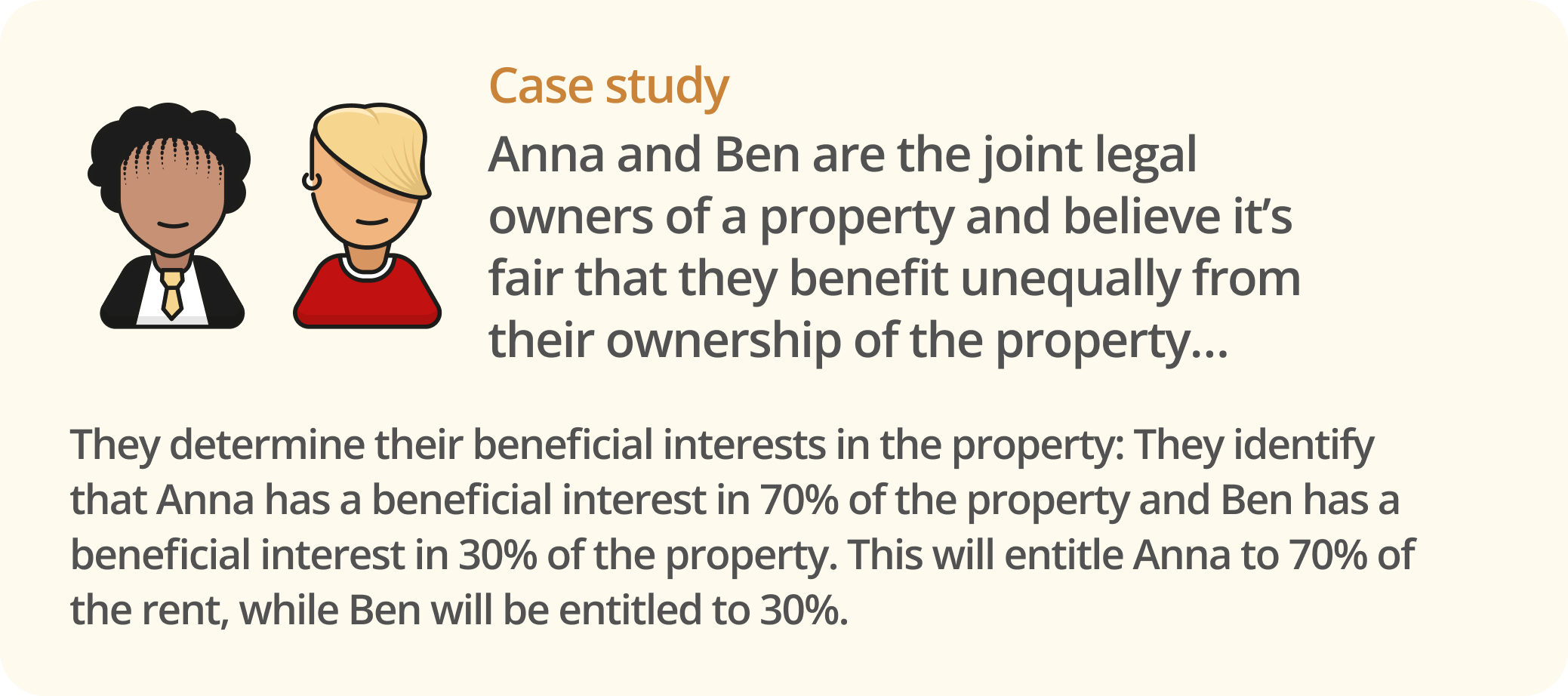 Infographic showing a case study for two people who are joint legal owners of a property