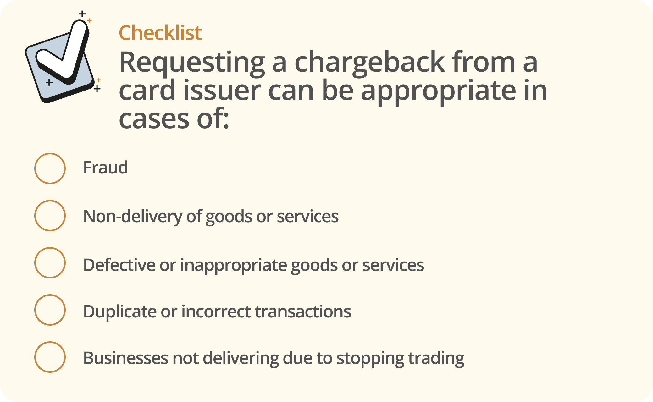 Infographic showing a list of cases in which is appropriate to request a chargeback from a card issuer