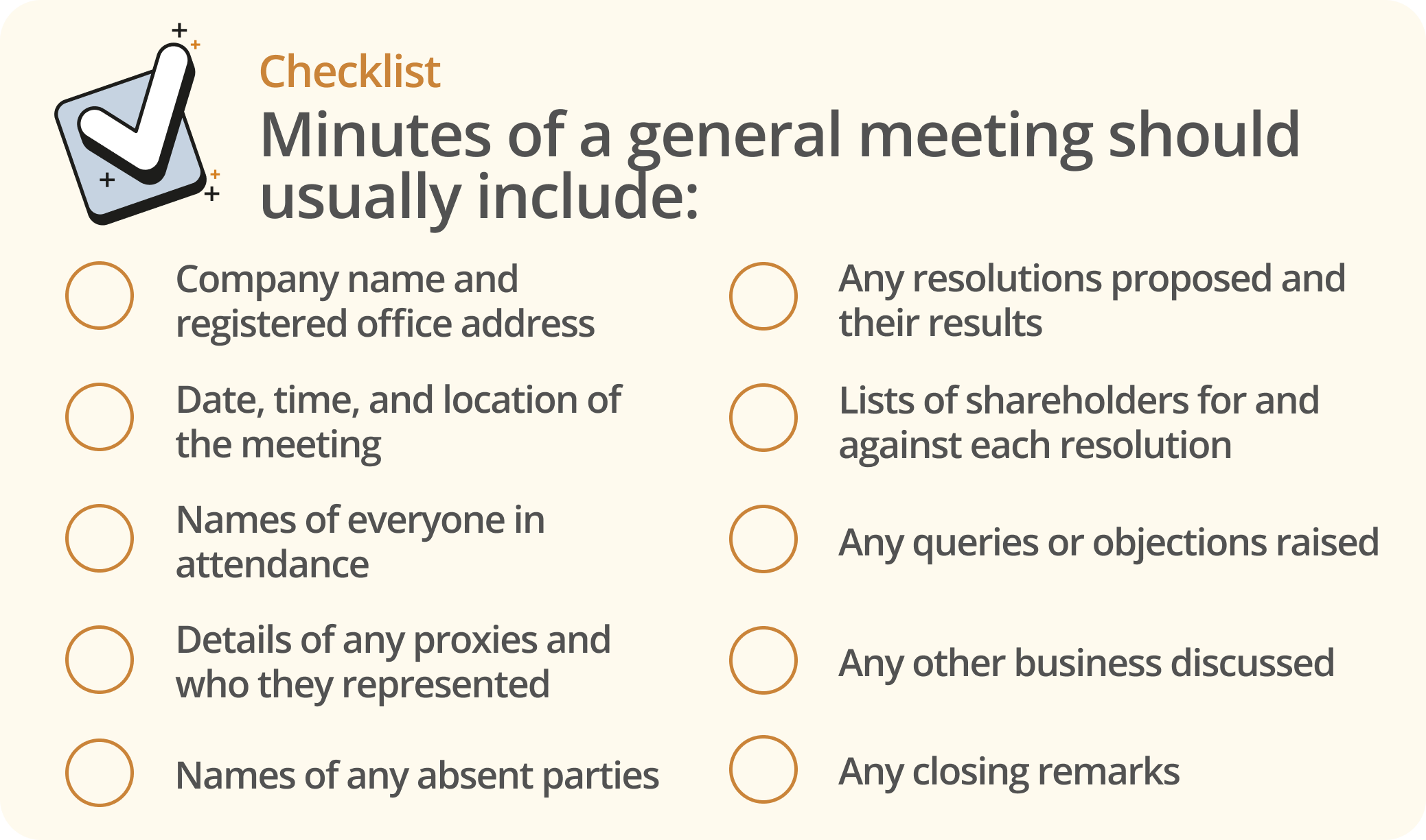 Infographic showing the minutes that a general meeting should usually include