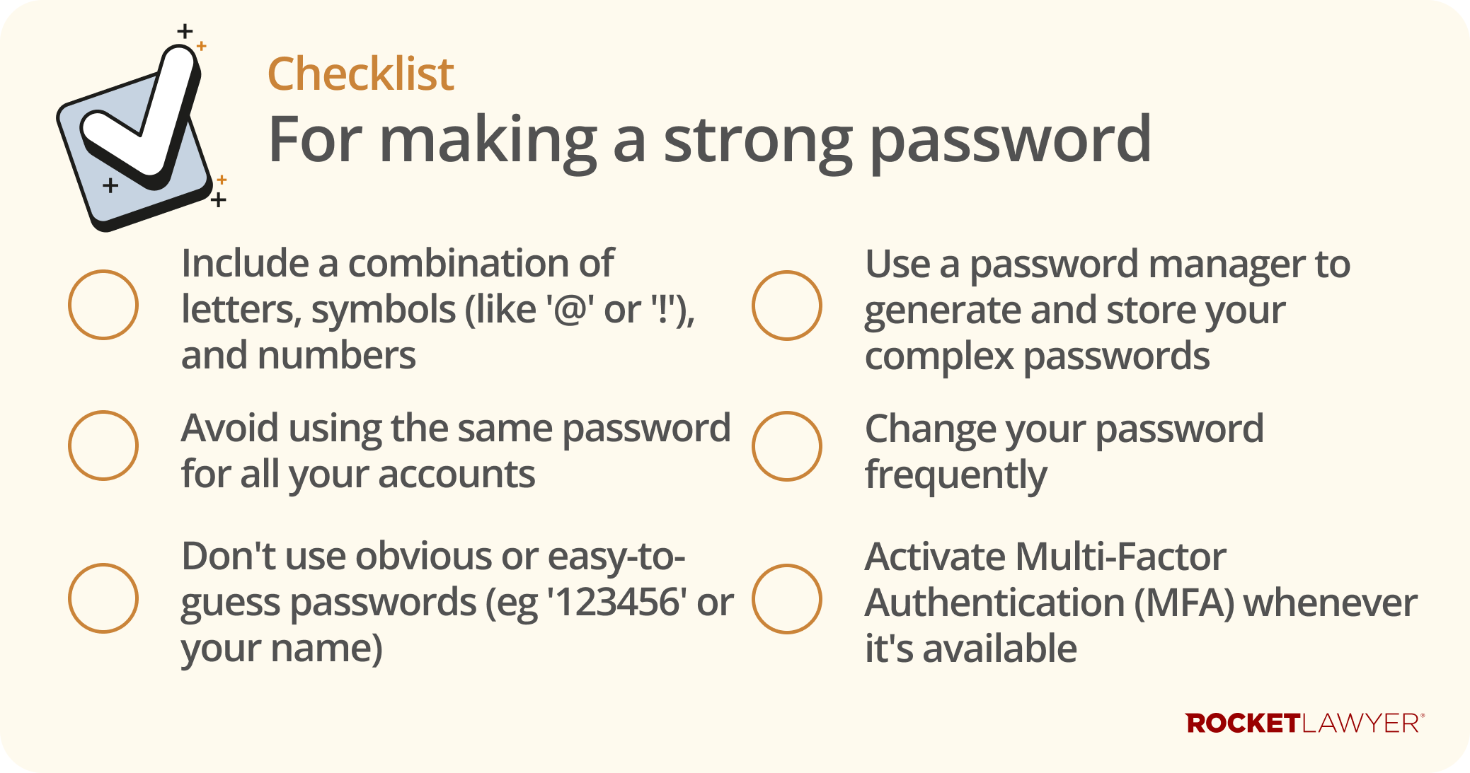 Checklist infographic showing the 6 steps for making a strong password
