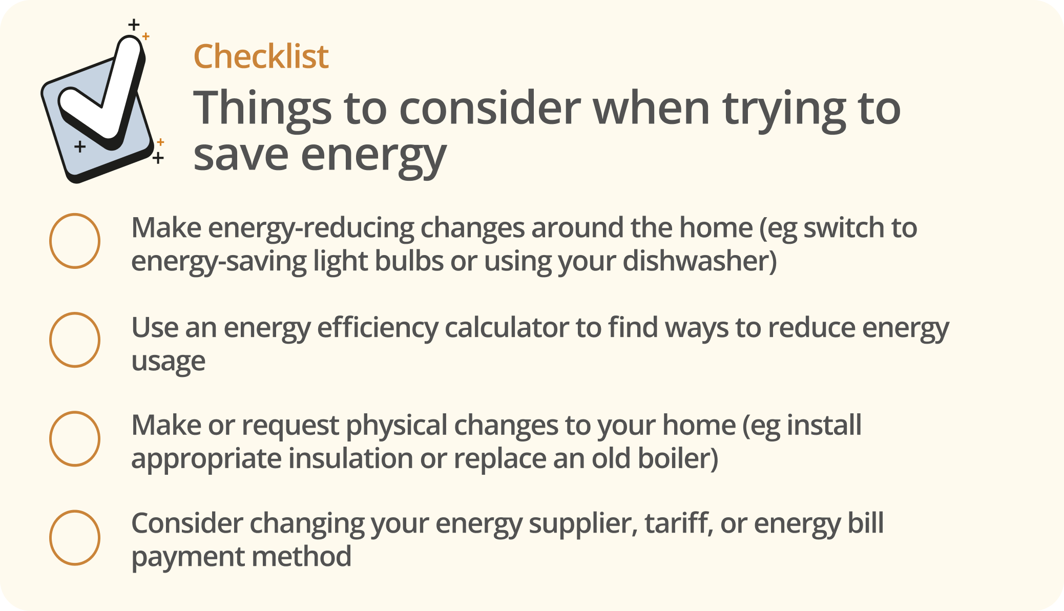 Infographic showing the things to consider when trying to save energy