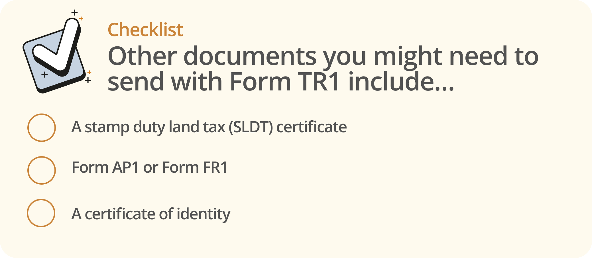 Infographic noting other documents that might need to be submitted along with Form TR1