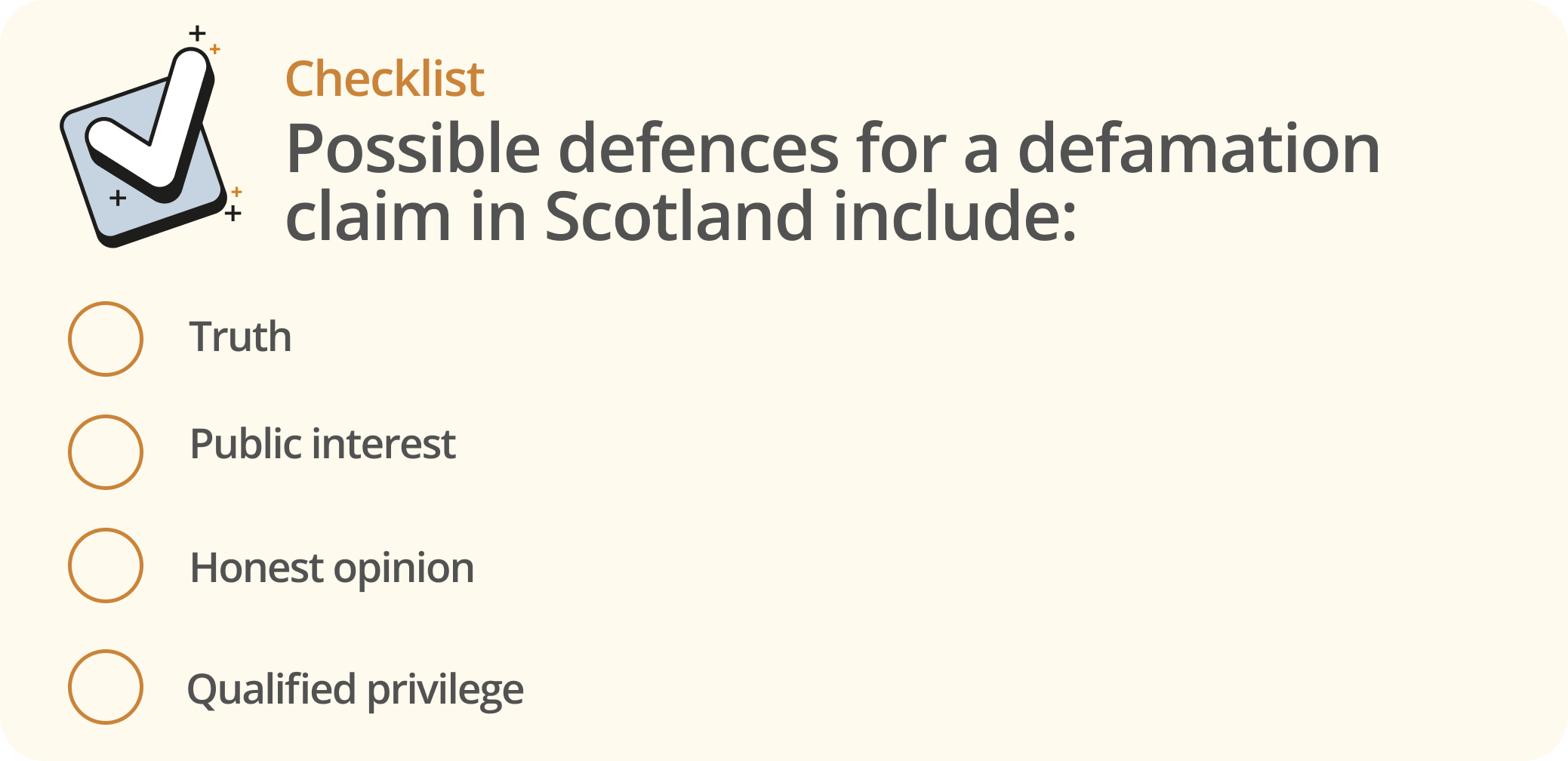 Infographic showing a checklist of possible defenses for a defamation claim