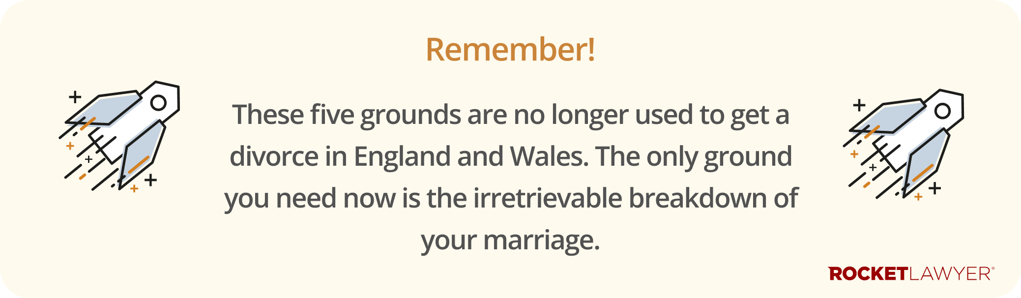 Infographic noting that the the five grounds are no longer used to get a divorce in England and Wales