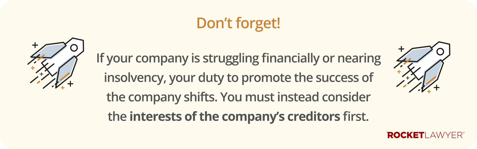 Infographic noting that the directors' duty to promote the success of the company shifts if the company is struggling financially or nearing insolvency