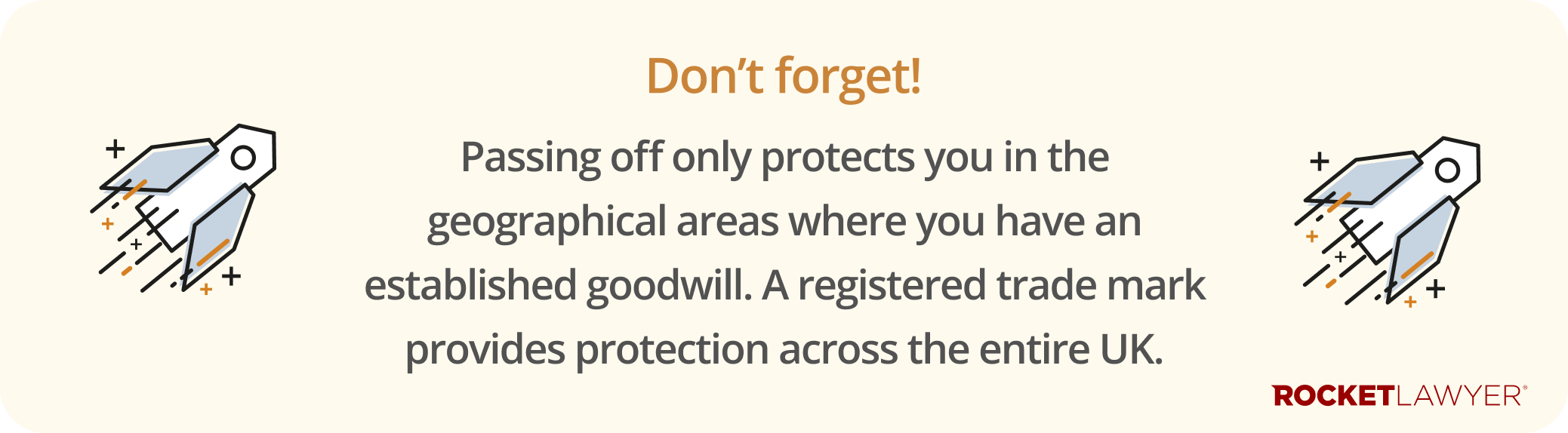 Infographic highlighting that a trade mark passing off only protects the owner across the area where they have goodwill, whereas a registered trade mark is protected across all UK
