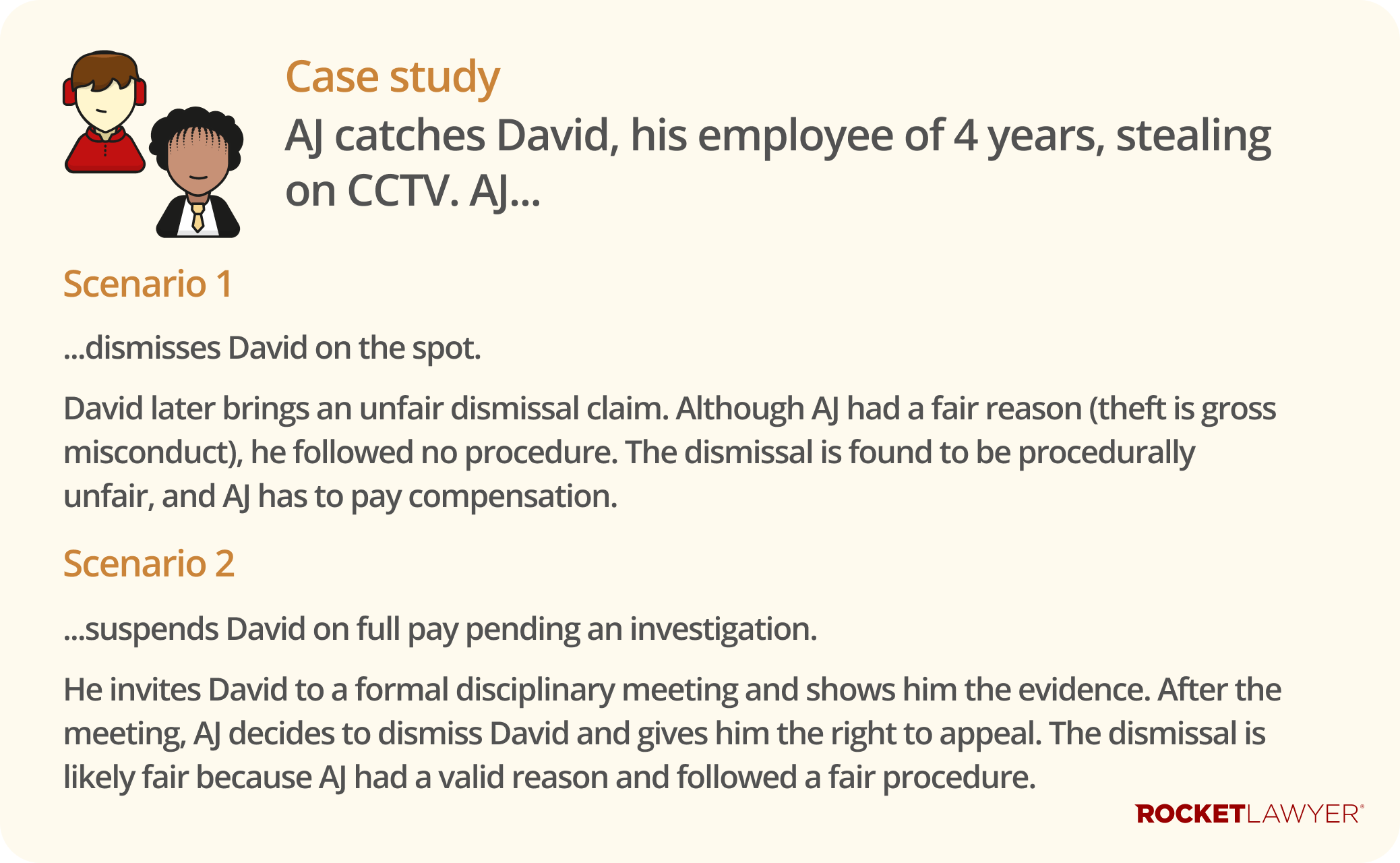A case study infographic on when a dismissal may be fair and when it may be unfair