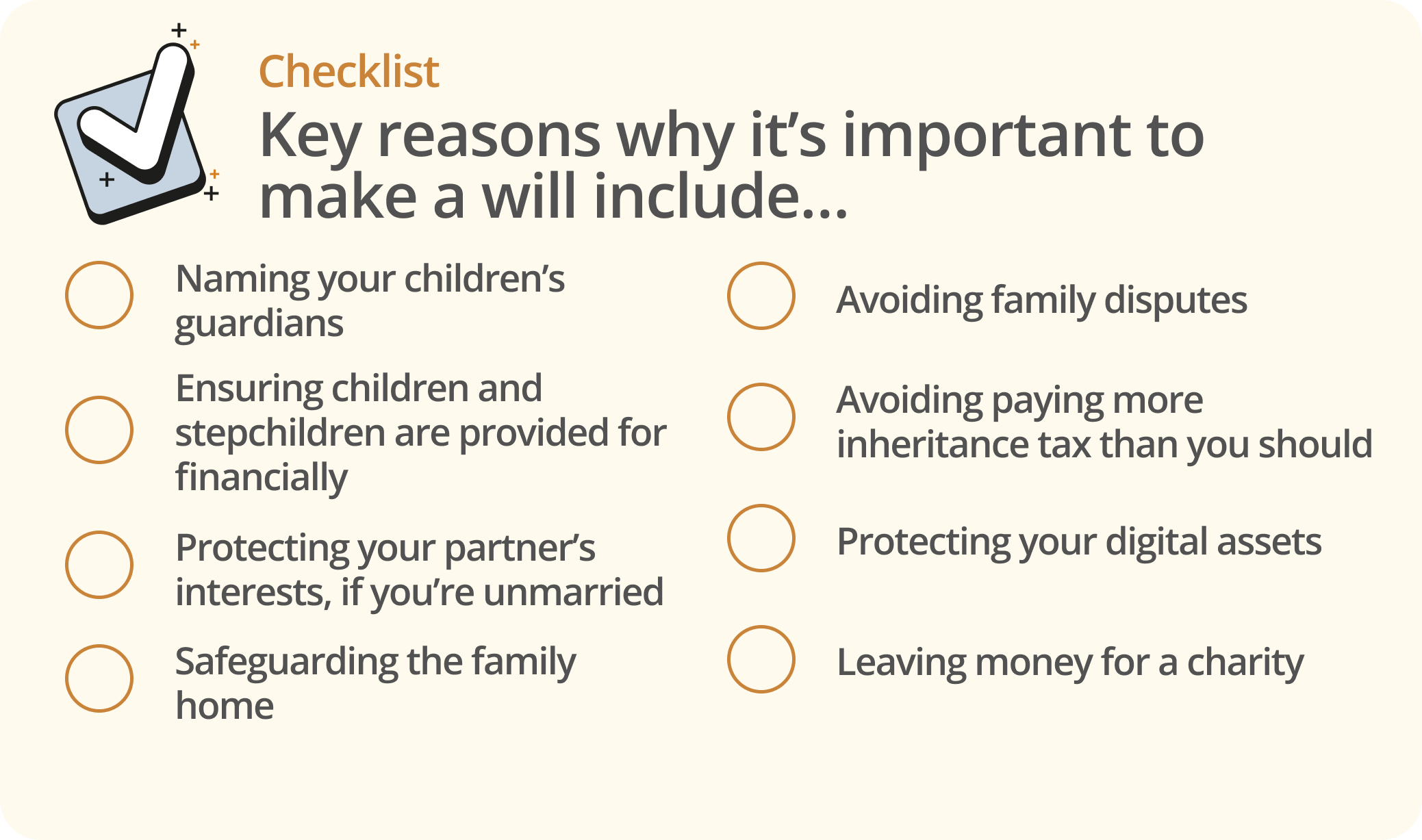 Infographic showing a list of key reasons to make a will