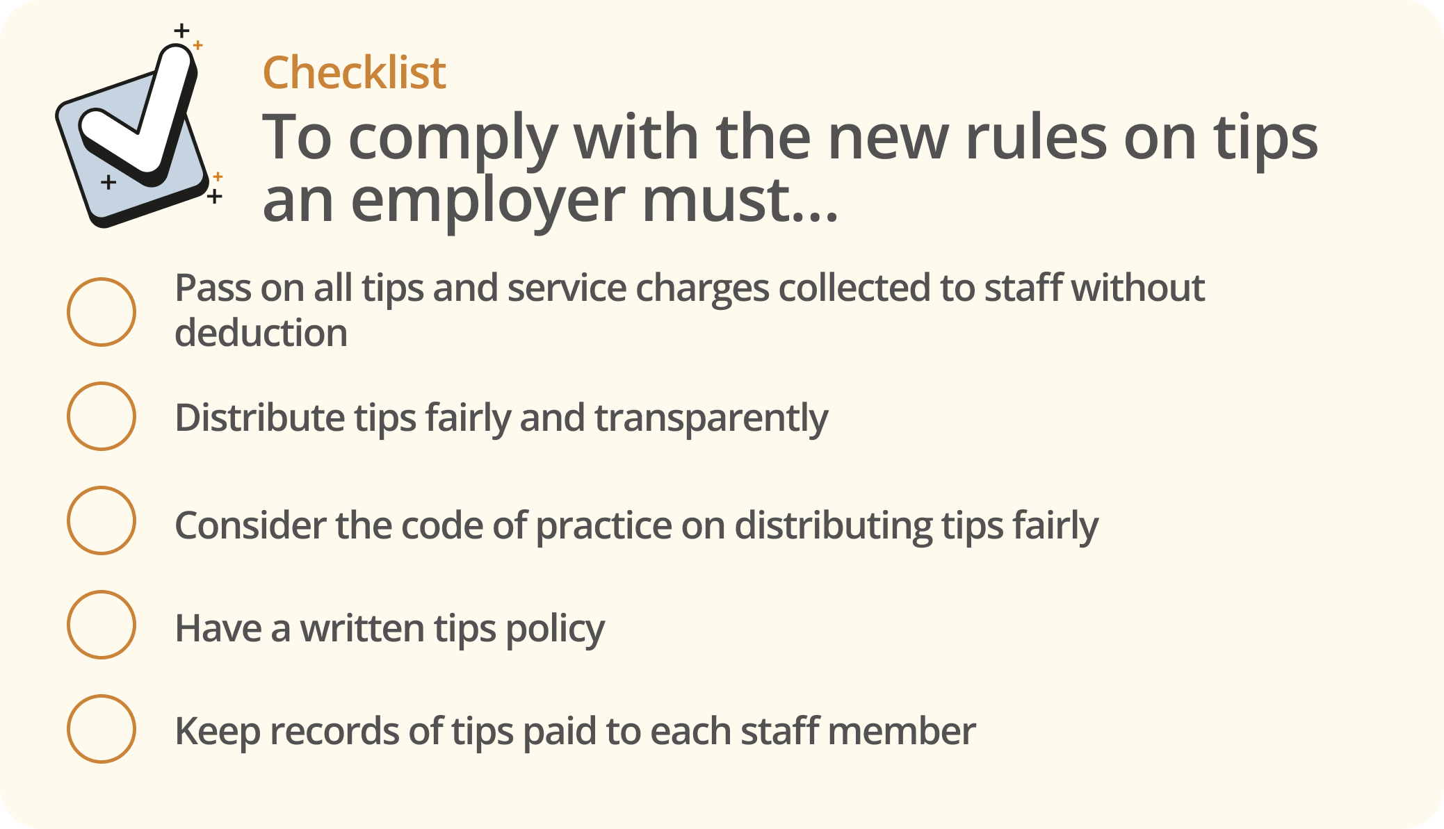 Infographic showing 5 steps for complying with the Employment (Allocation of Tips) Act 2023