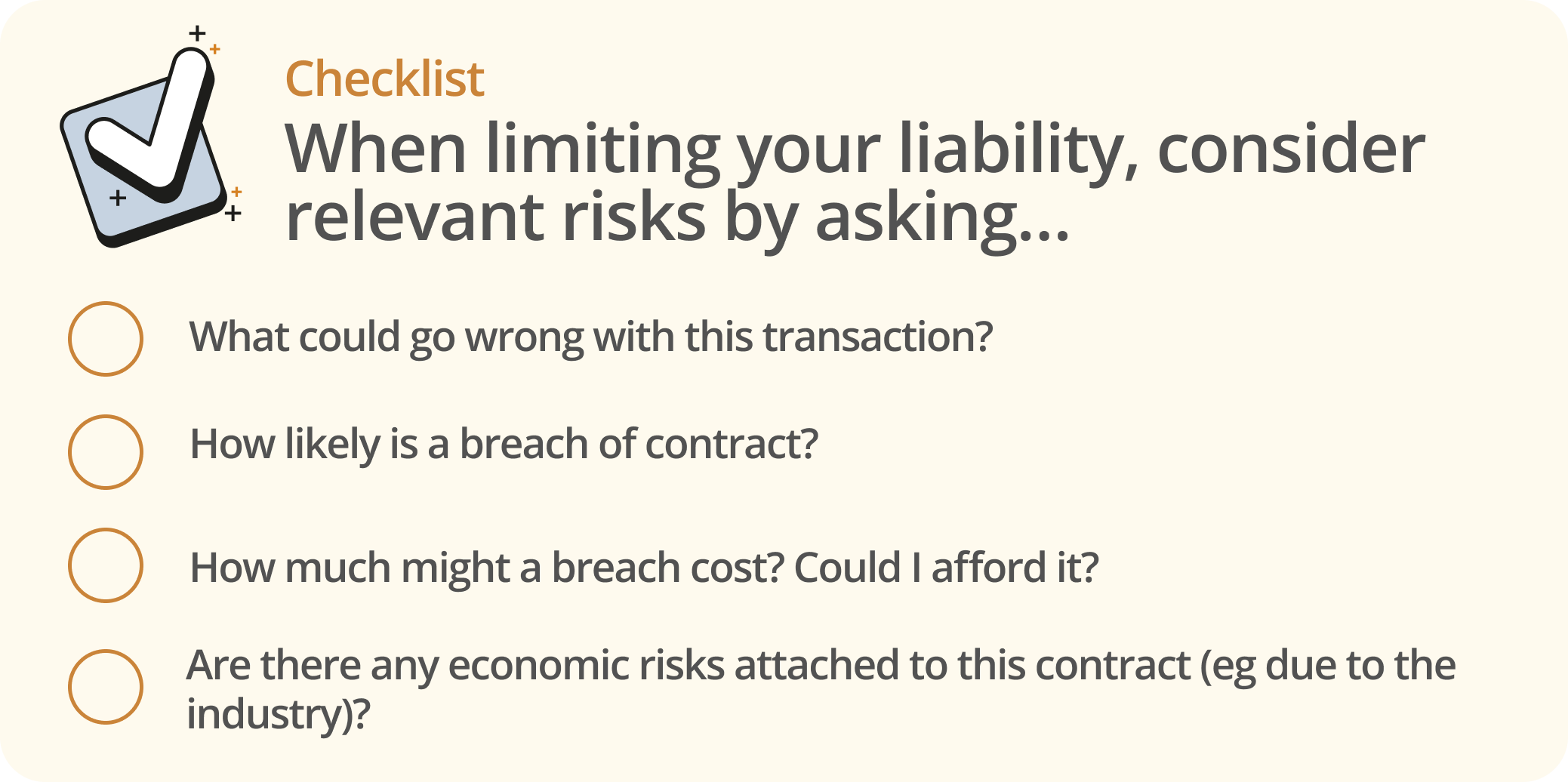 Infographic showing a checklist of relevant risks to consider when limiting your liability