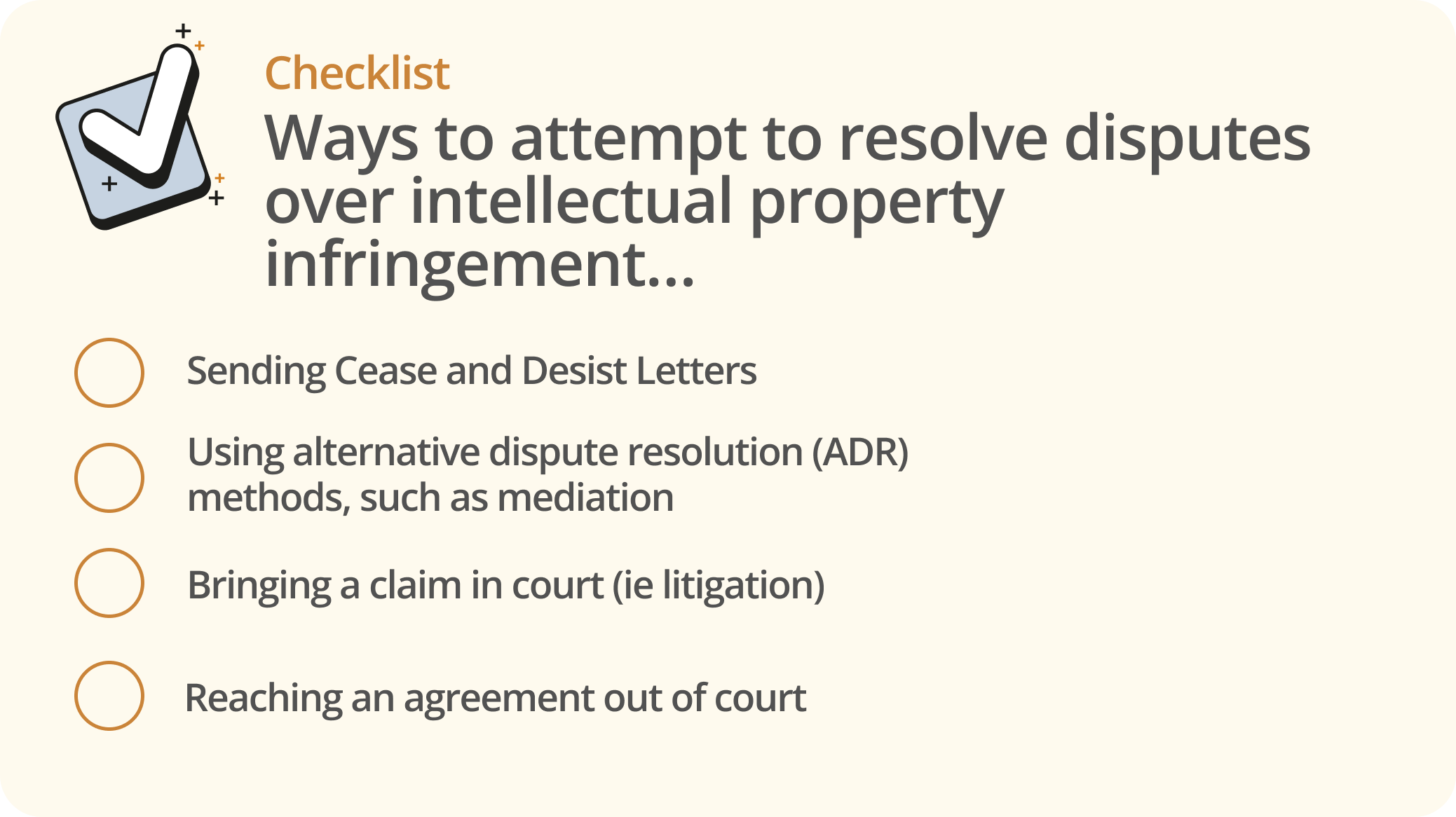 Infographic showing a list of ways to attempt to resolve disputes over IP infringement