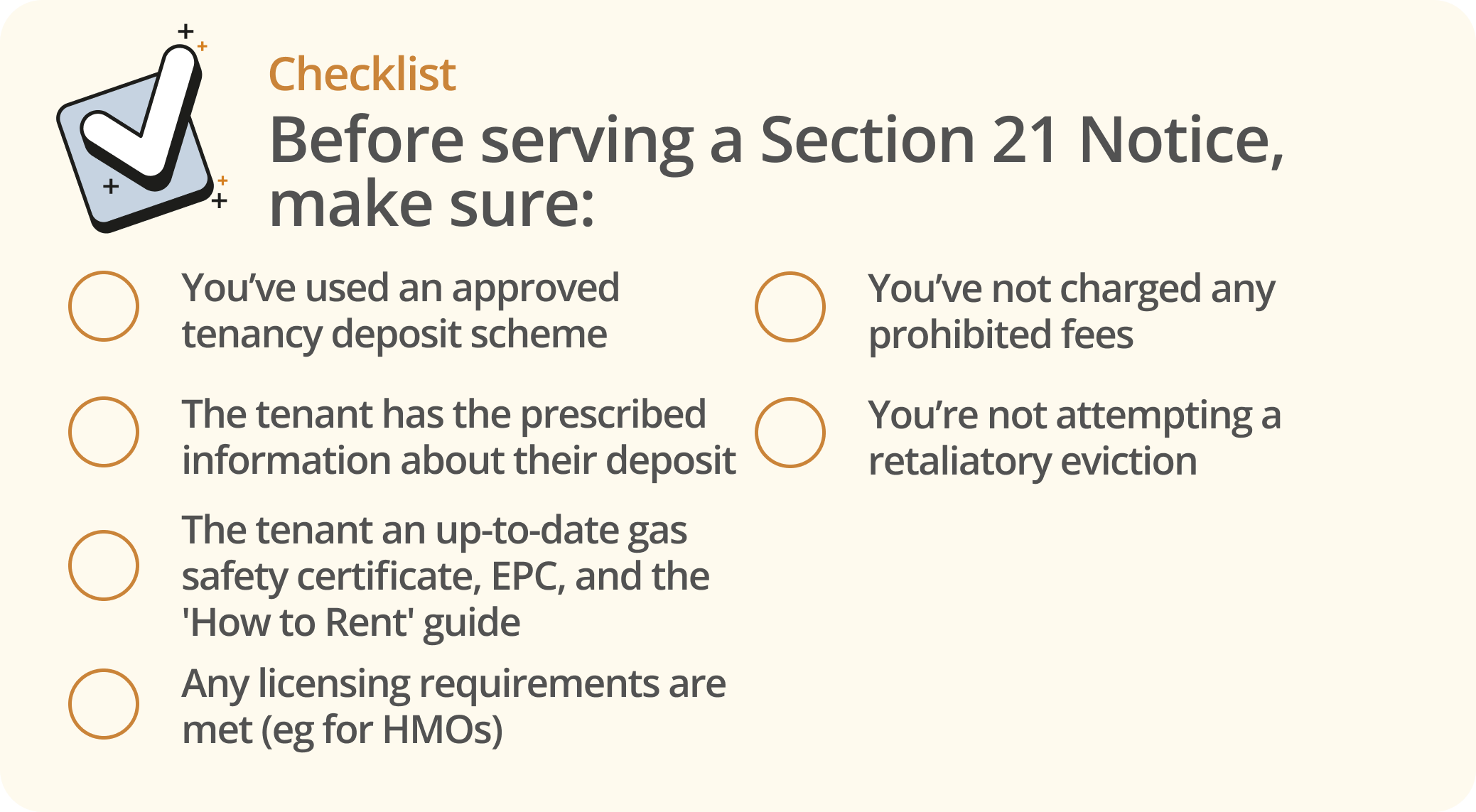 Infographic showing a checklist of things to make sure before serving a Section 21 Notice