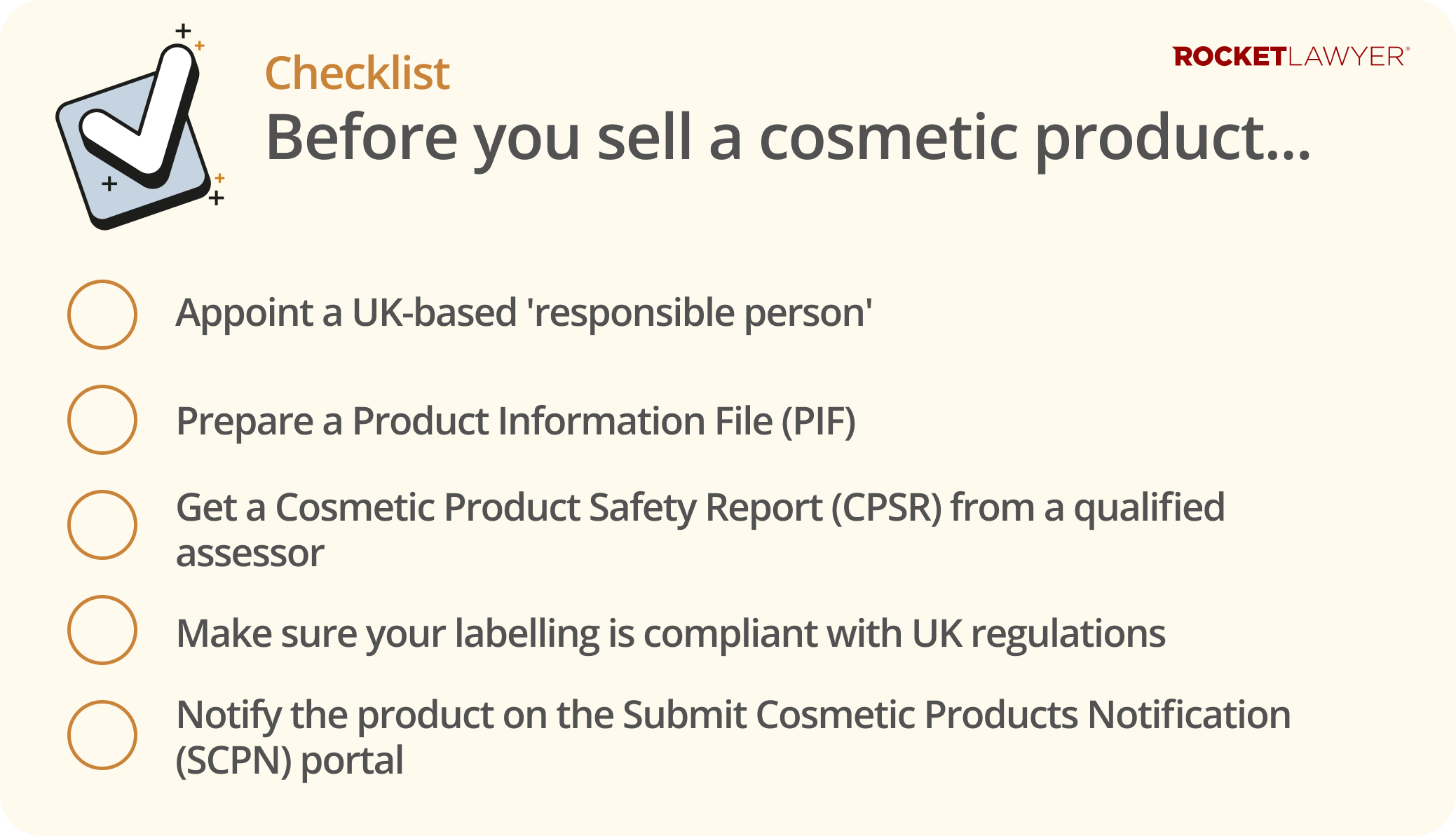 Checklist infographic containing a list of the steps to take before selling a cosmetic product