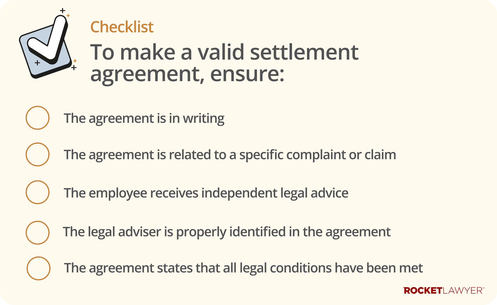 Checklist infographic showing five key steps to make a valid settlement agreement
