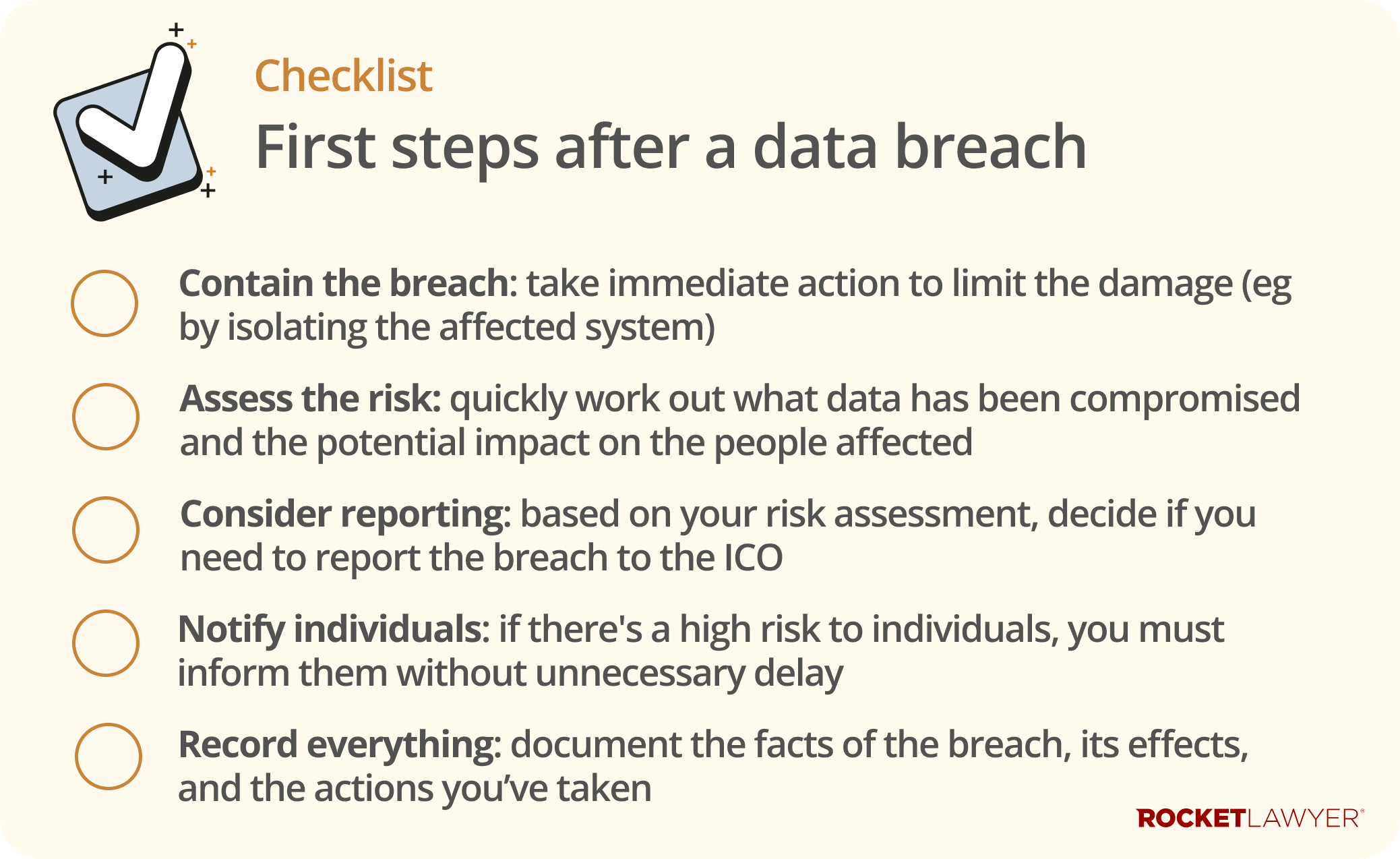 Checklist infographic listing the 5 first steps a business should take after a data breach