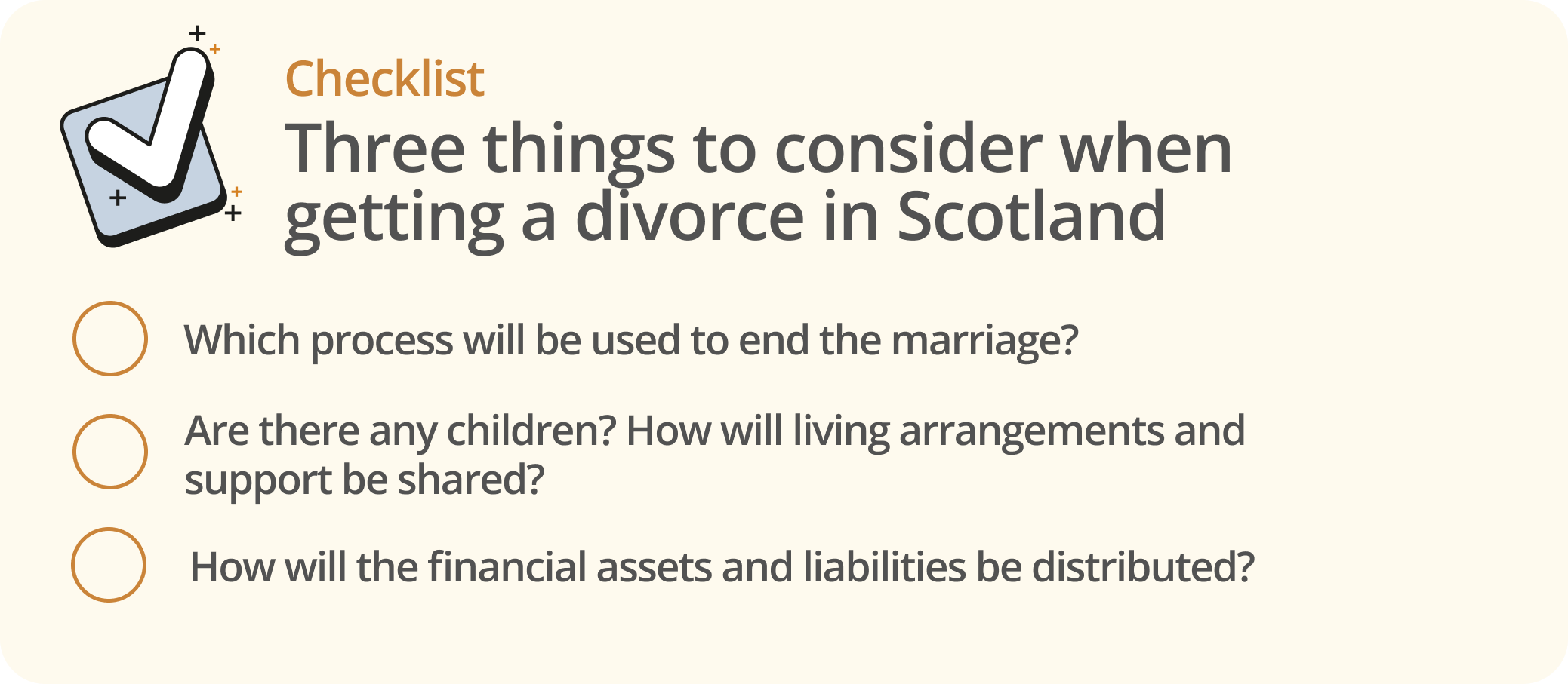 Infographic showing a list of three things to consider before divorcing in Scotland