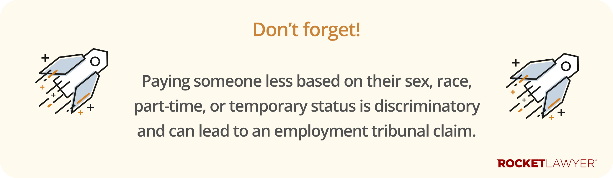 Infographic noting that paying staff less based on their sex, race, or part-time/temporary status is discriminatory