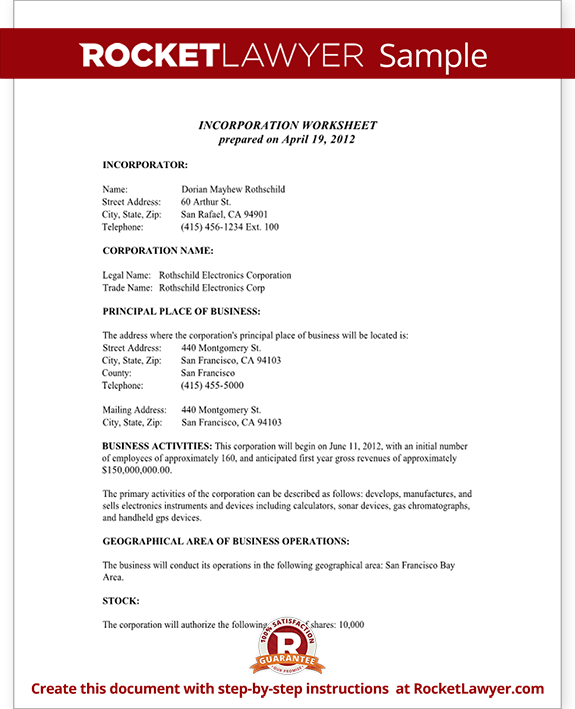 Articles of Incorporation Worksheet - Articles of 