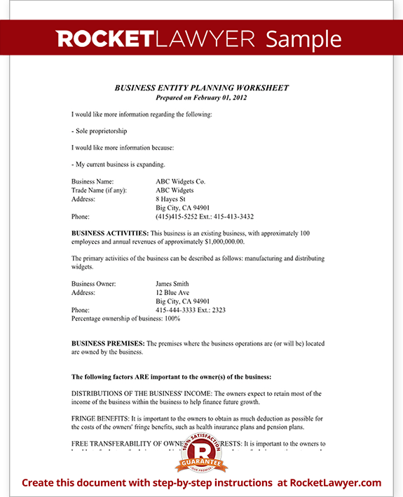 Business Entity Planning Worksheet (Form With Template)