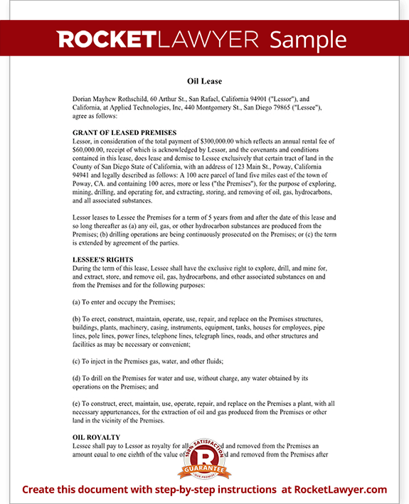 Oil and Gas Lease - Terms and Provisions Form for Oil Lease
